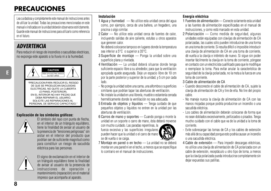 Sony TS-WM7 manual Precauciones, Advertencia, Explicación de los símbolos gráficos, Instalación, Energía eléctrica 