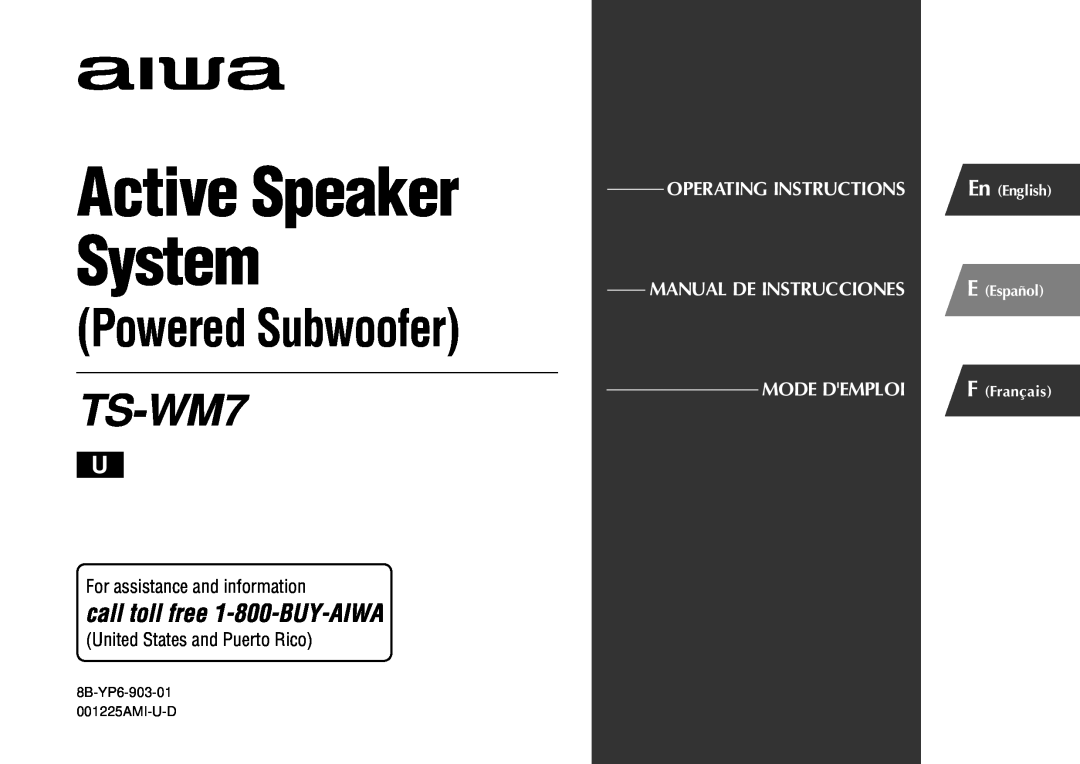 Sony TS-WM7 manual For assistance and information, United States and Puerto Rico, Active Speaker System, Powered Subwoofer 