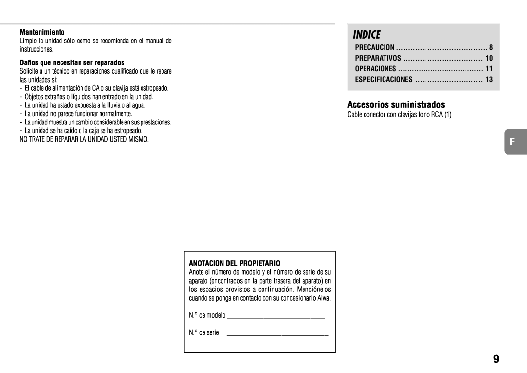 Sony TS-WM7 manual Indice, Accesorios suministrados, N. de modelo, N. de serie, Operaciones 