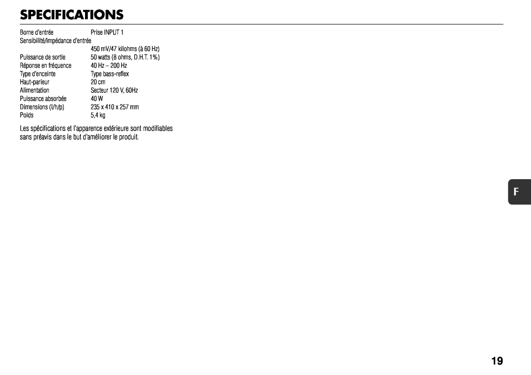 Sony TS-WM7 manual Specifications, Borne d’entrée 