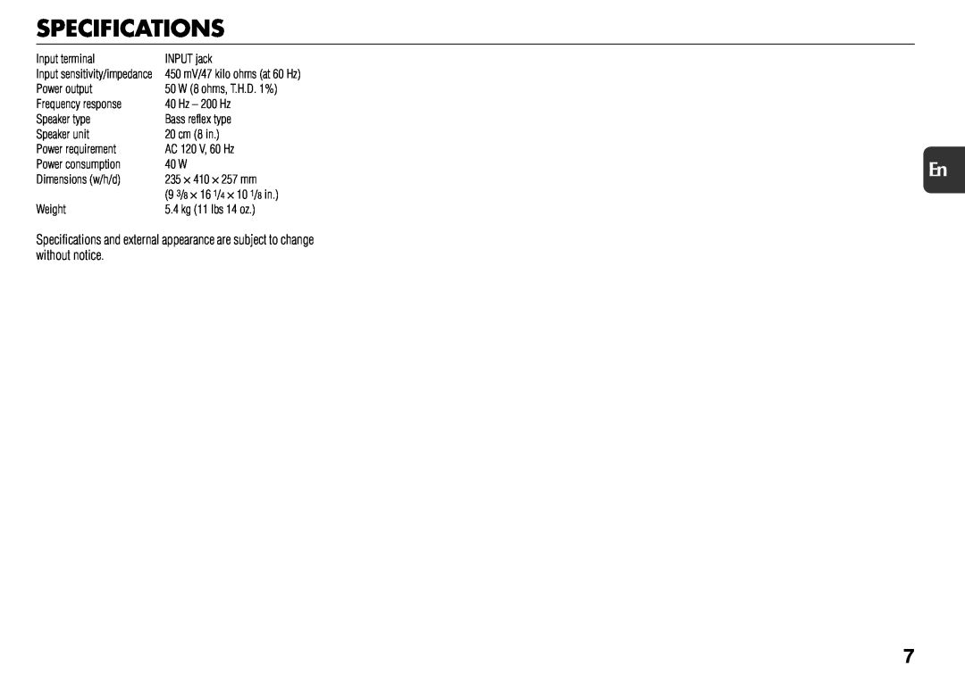 Sony TS-WM7 manual Specifications 