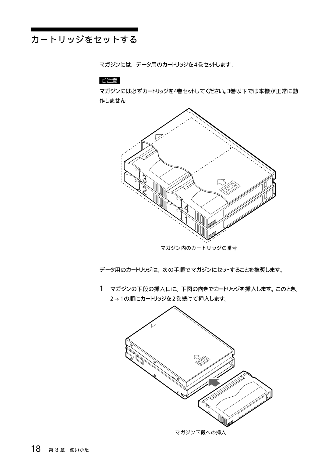 Sony TSL-SA300C manual カートリッジをセットする, マガジンには、データ用のカートリッジを4 巻セットします。, → 1 の順にカートリッジを2 巻続けて挿入します。 