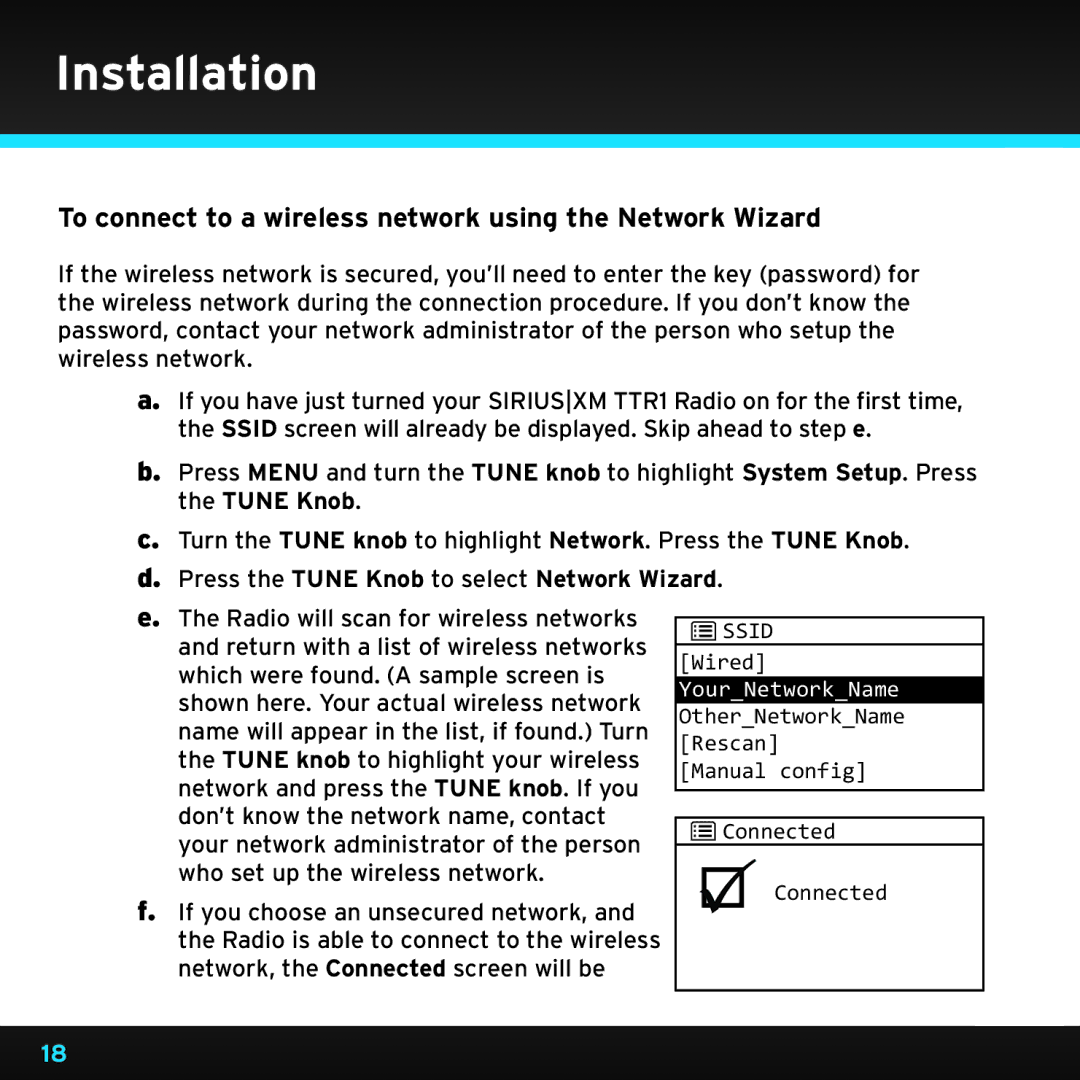 Sony TTR1 manual To connect to a wireless network using the Network Wizard, Press the Tune Knob to select Network Wizard 