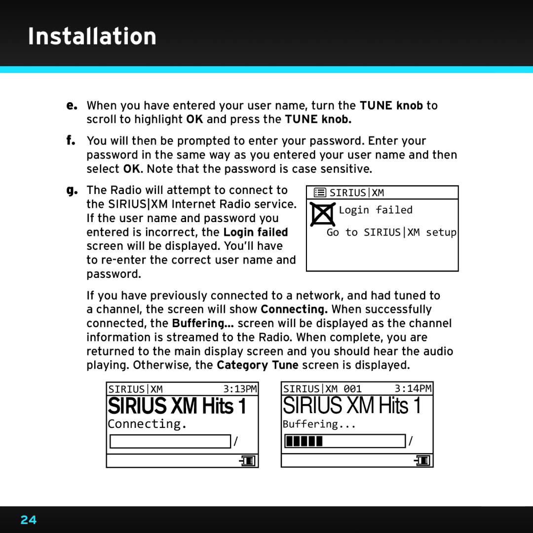 Sony TTR1 manual Login failed Go to Siriusxm setup 