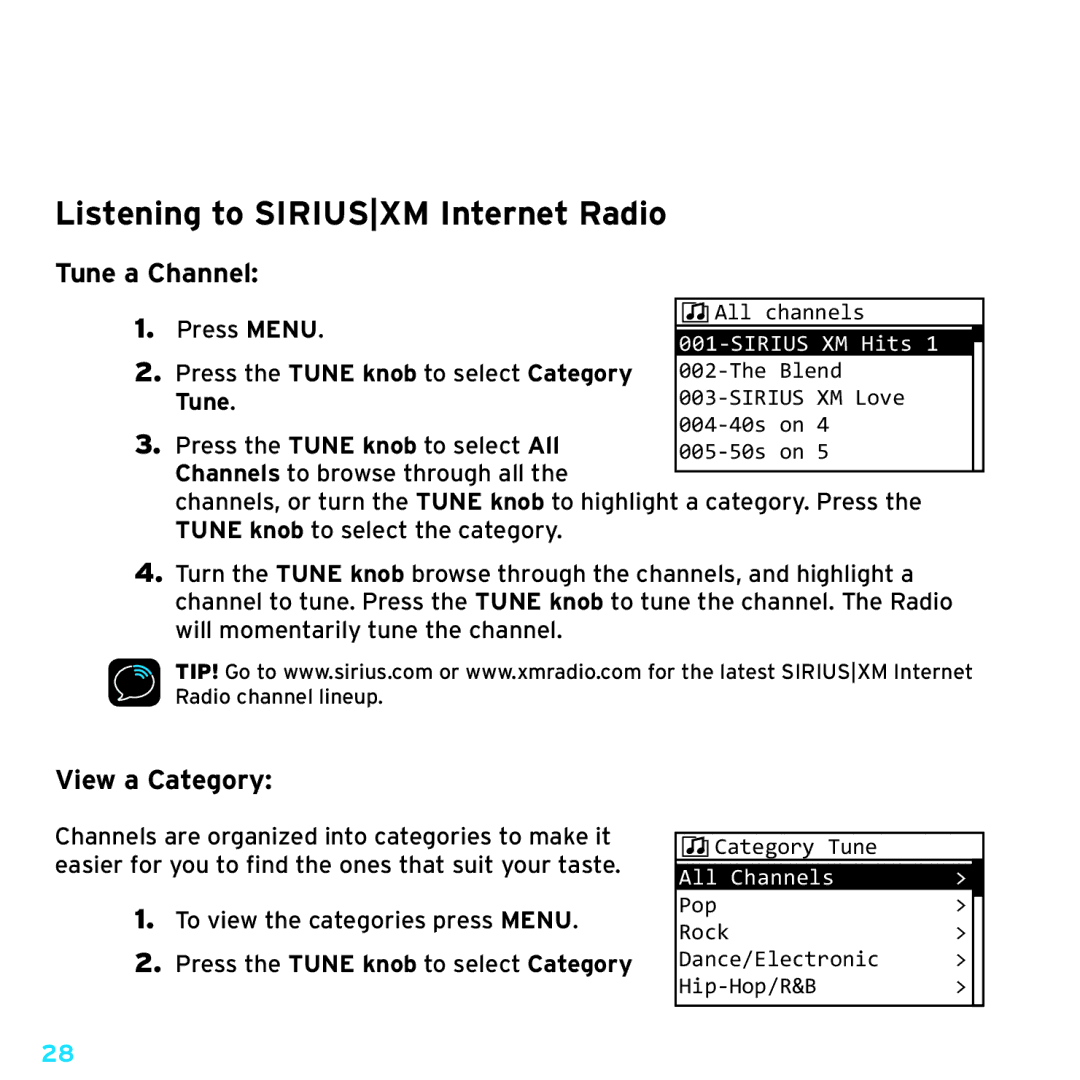 Sony TTR1 manual Listening to Siriusxm Internet Radio, Tune a Channel, View a Category 