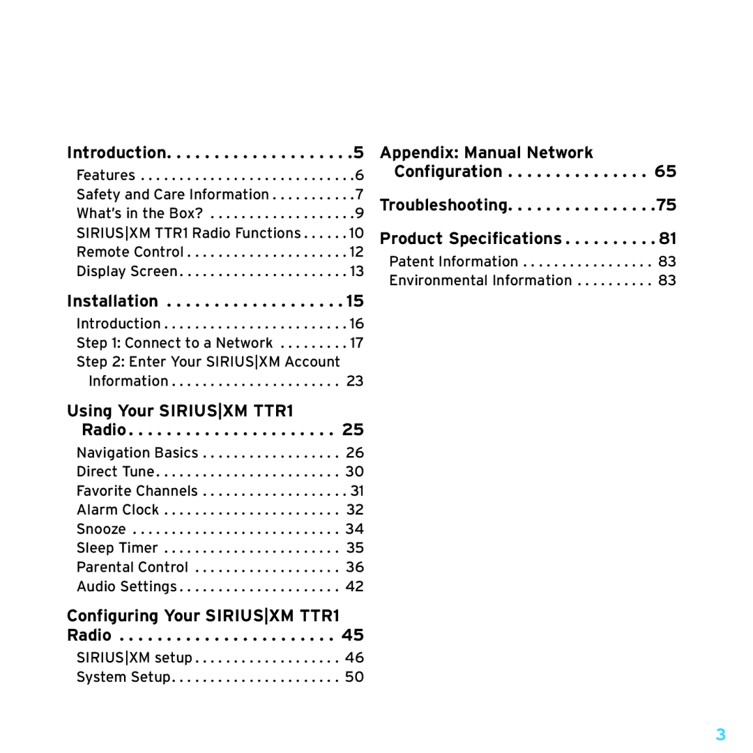 Sony TTR1 manual Table of Contents 