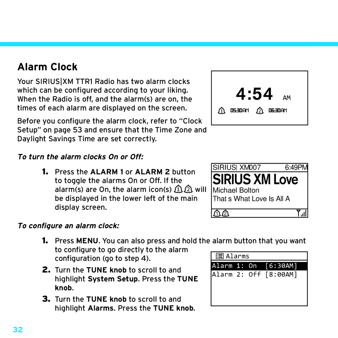 Sony TTR1 manual Alarm Clock, To turn the alarm clocks On or Off, To configure an alarm clock 