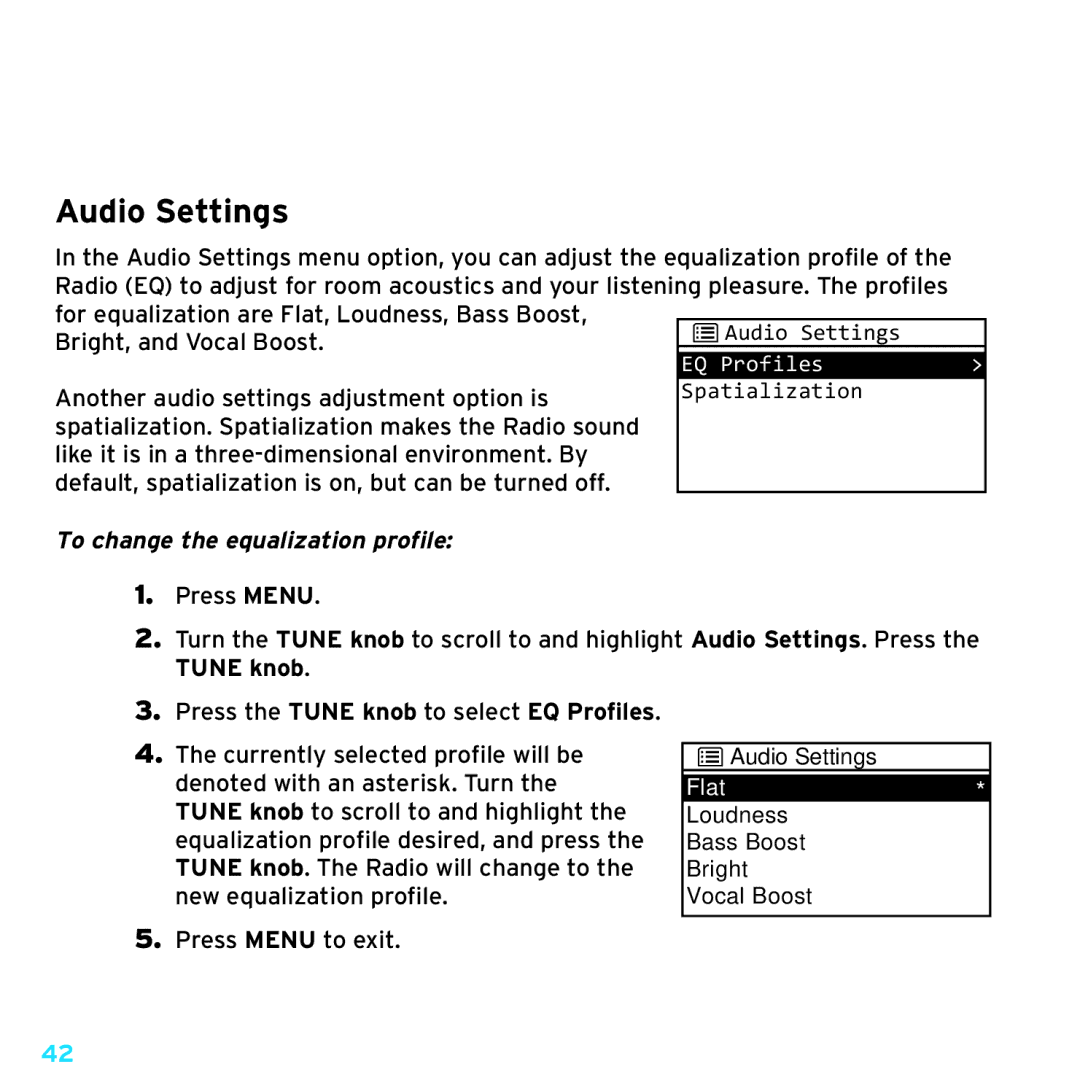 Sony TTR1 manual Audio Settings, To change the equalization profile 