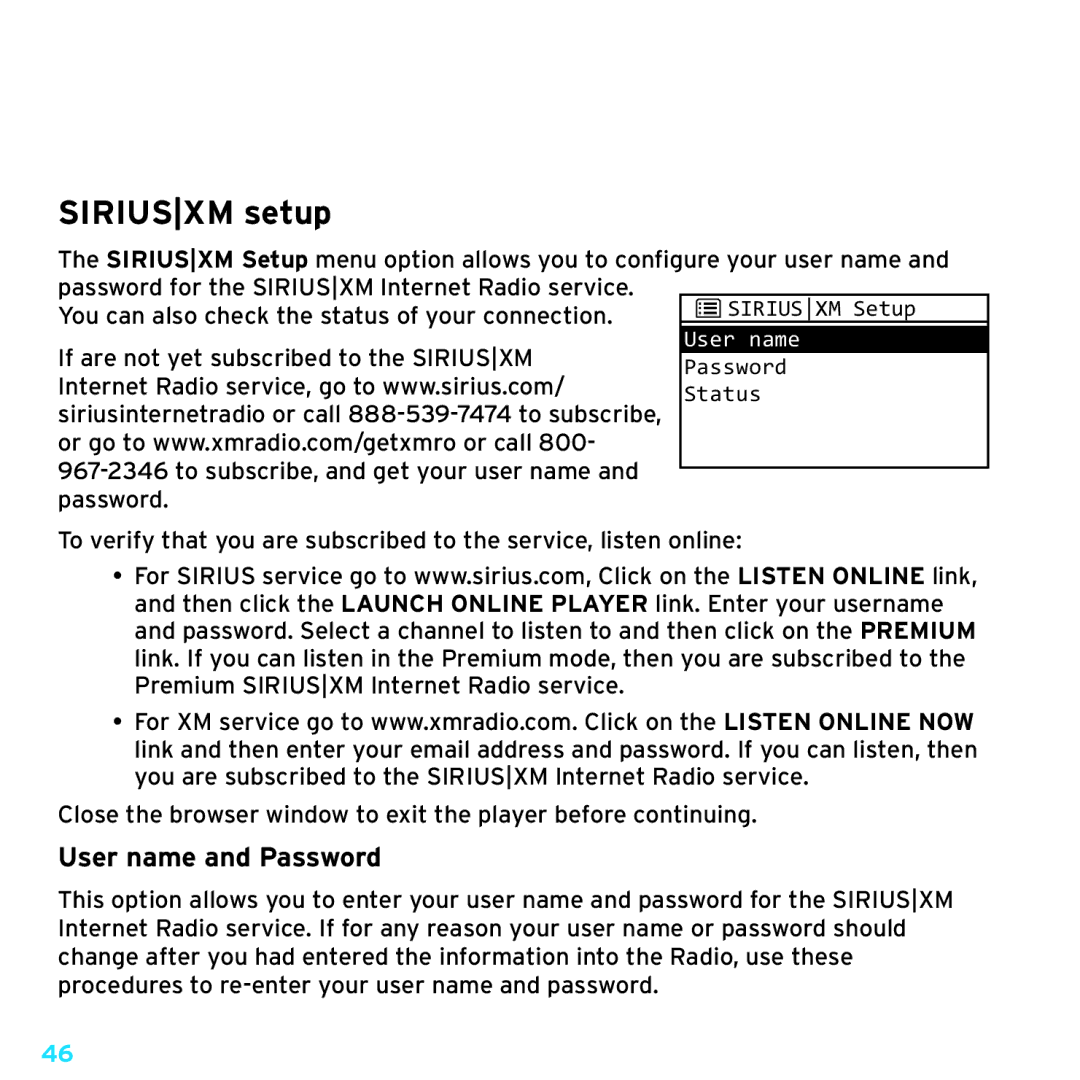 Sony TTR1 manual Siriusxm setup, User name and Password 