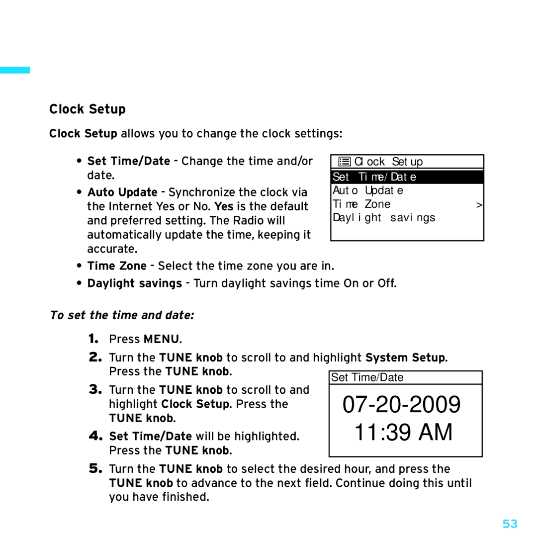 Sony TTR1 manual Clock Setup, To set the time and date 