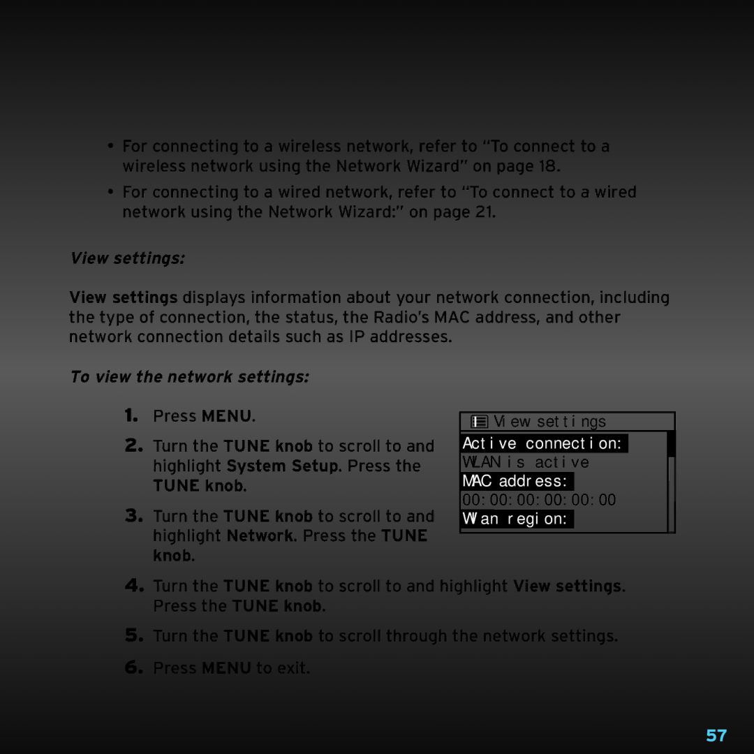 Sony TTR1 manual View settings, To view the network settings 