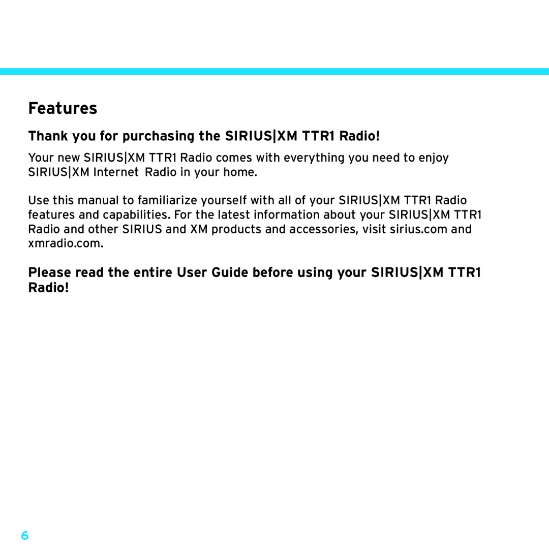 Sony manual Introduction, Features, Thank you for purchasing the Siriusxm TTR1 Radio 