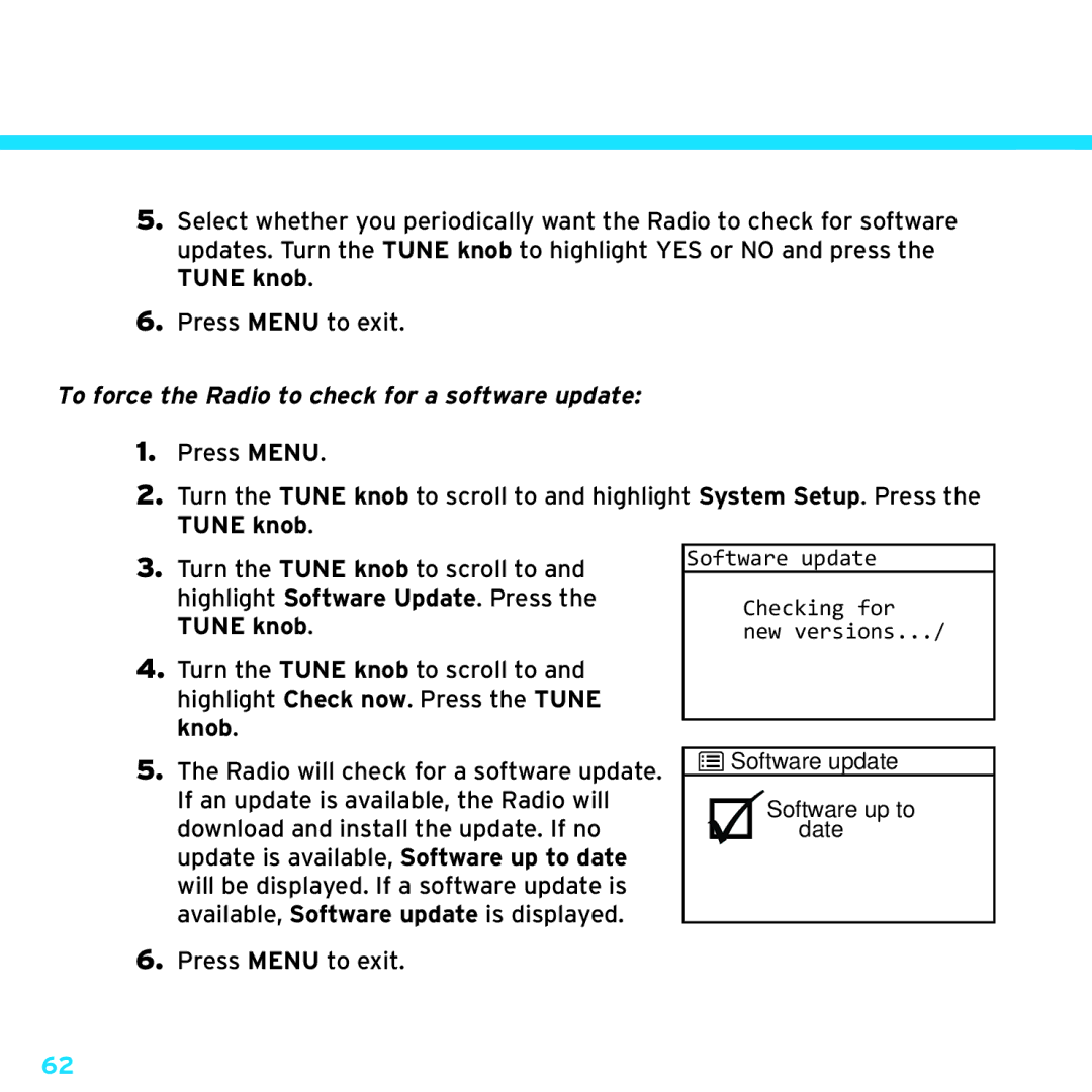 Sony TTR1 manual To force the Radio to check for a software update 