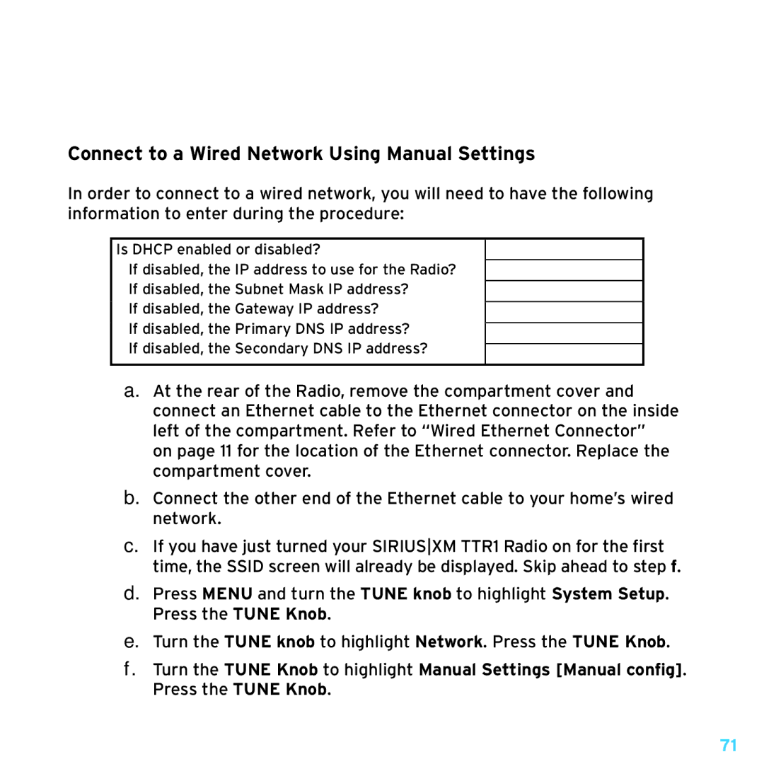 Sony TTR1 manual Connect to a Wired Network Using Manual Settings 