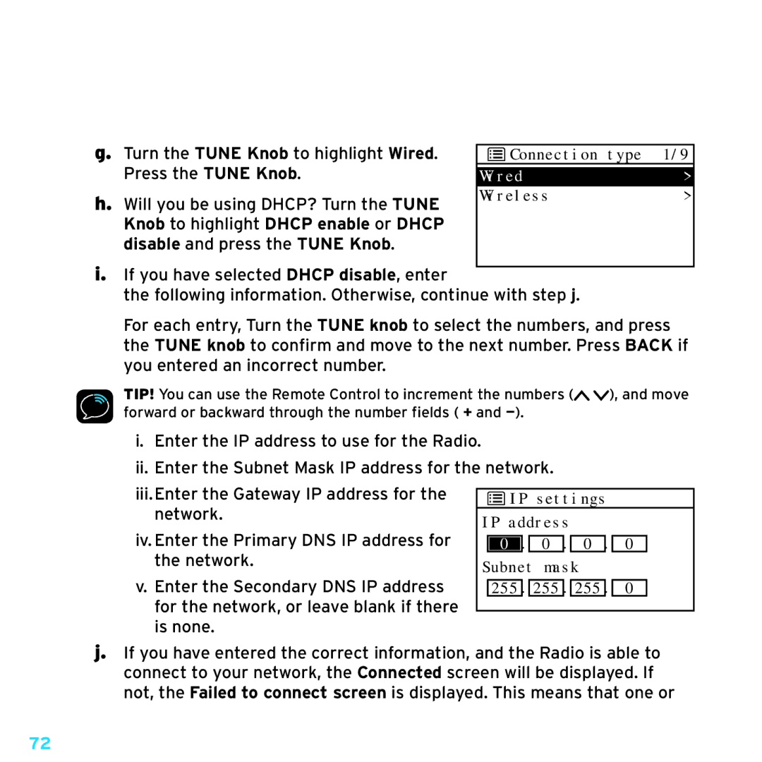 Sony TTR1 manual Turn the Tune Knob to highlight Wired 