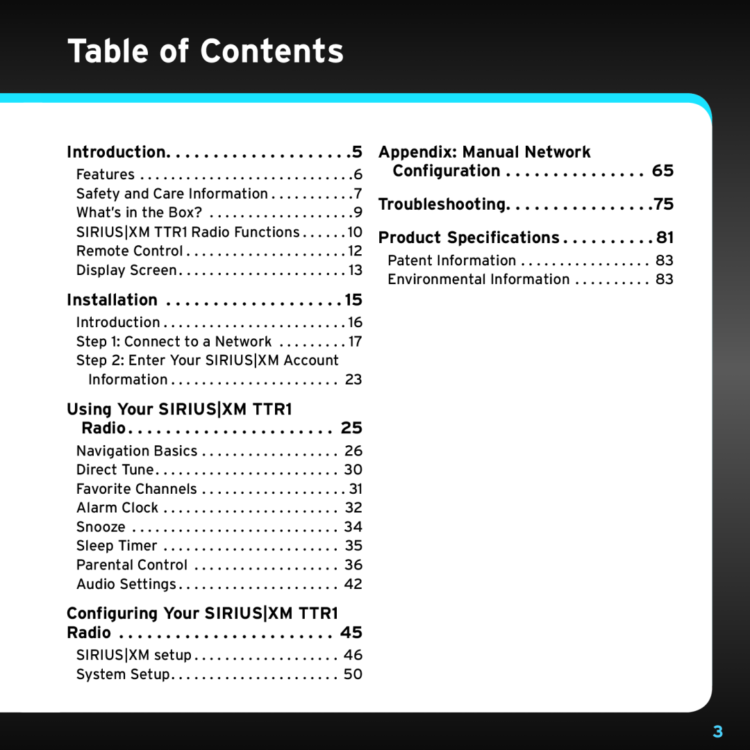 Sony manual Table of Contents, Using Your SIRIUS|XM TTR1, Radio 