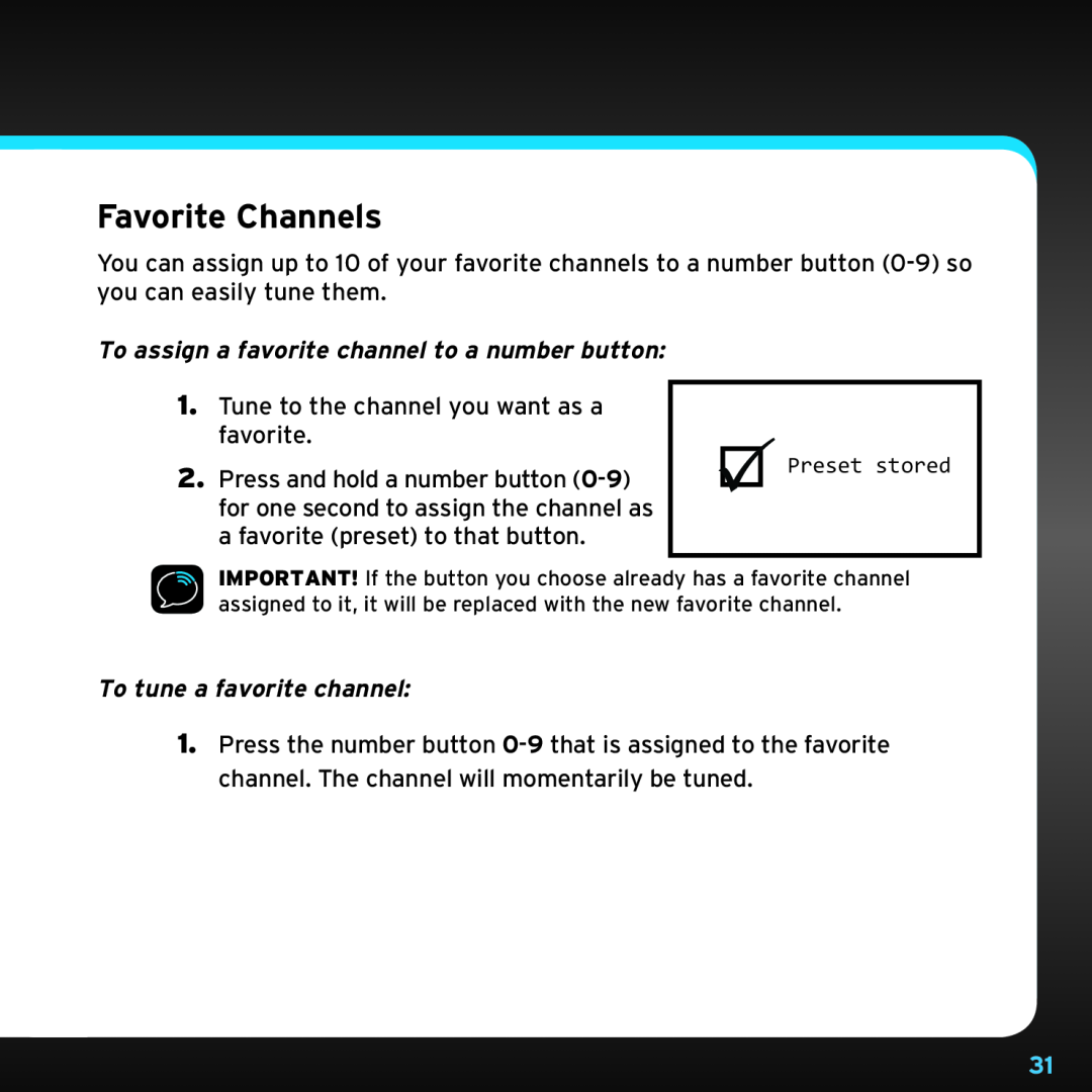 Sony TTR1 manual Favorite Channels, To assign a favorite channel to a number button, To tune a favorite channel 