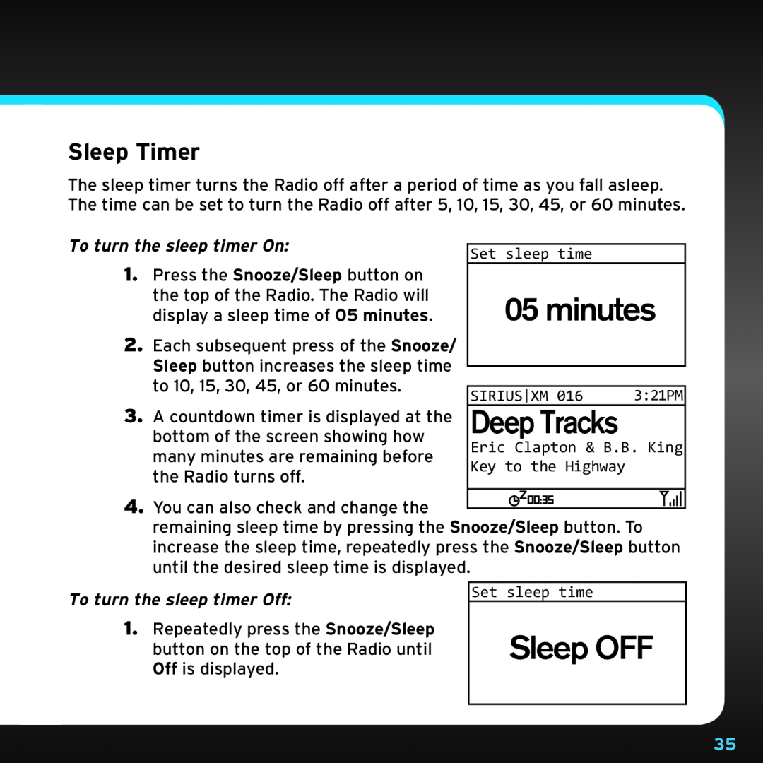 Sony TTR1 manual Sleep OFF, Deep Tracks, Sleep Timer, To turn the sleep timer On, To turn the sleep timer Off, minutes 