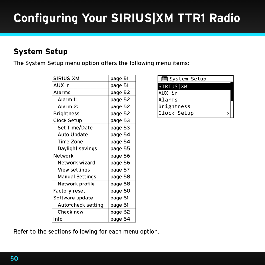 Sony manual System Setup, Configuring Your SIRIUS|XM TTR1 Radio, AUX in Alarms, Brightness, Clock Setup 