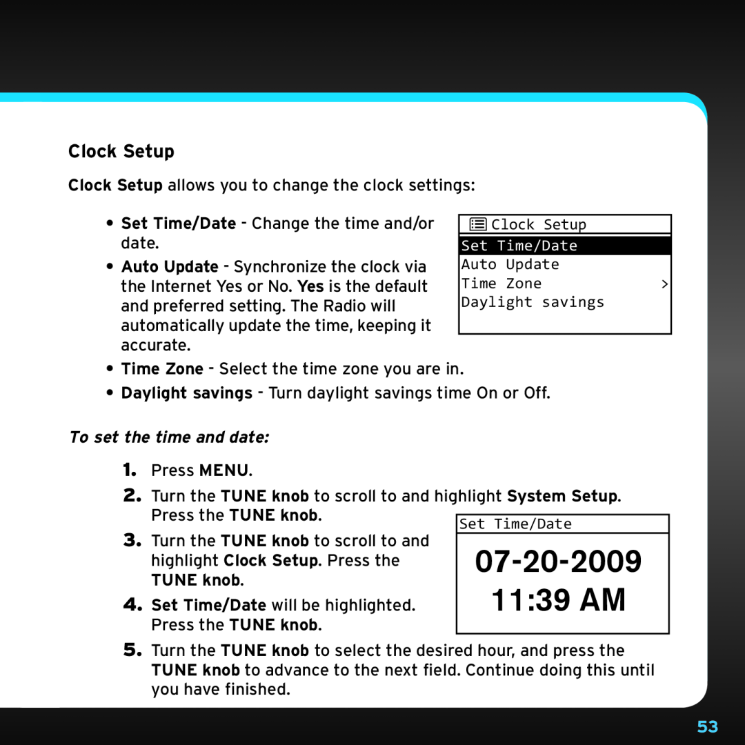 Sony TTR1 manual 07-20-2009, 11:39 AM, Clock Setup, To set the time and date, TUNE knob 