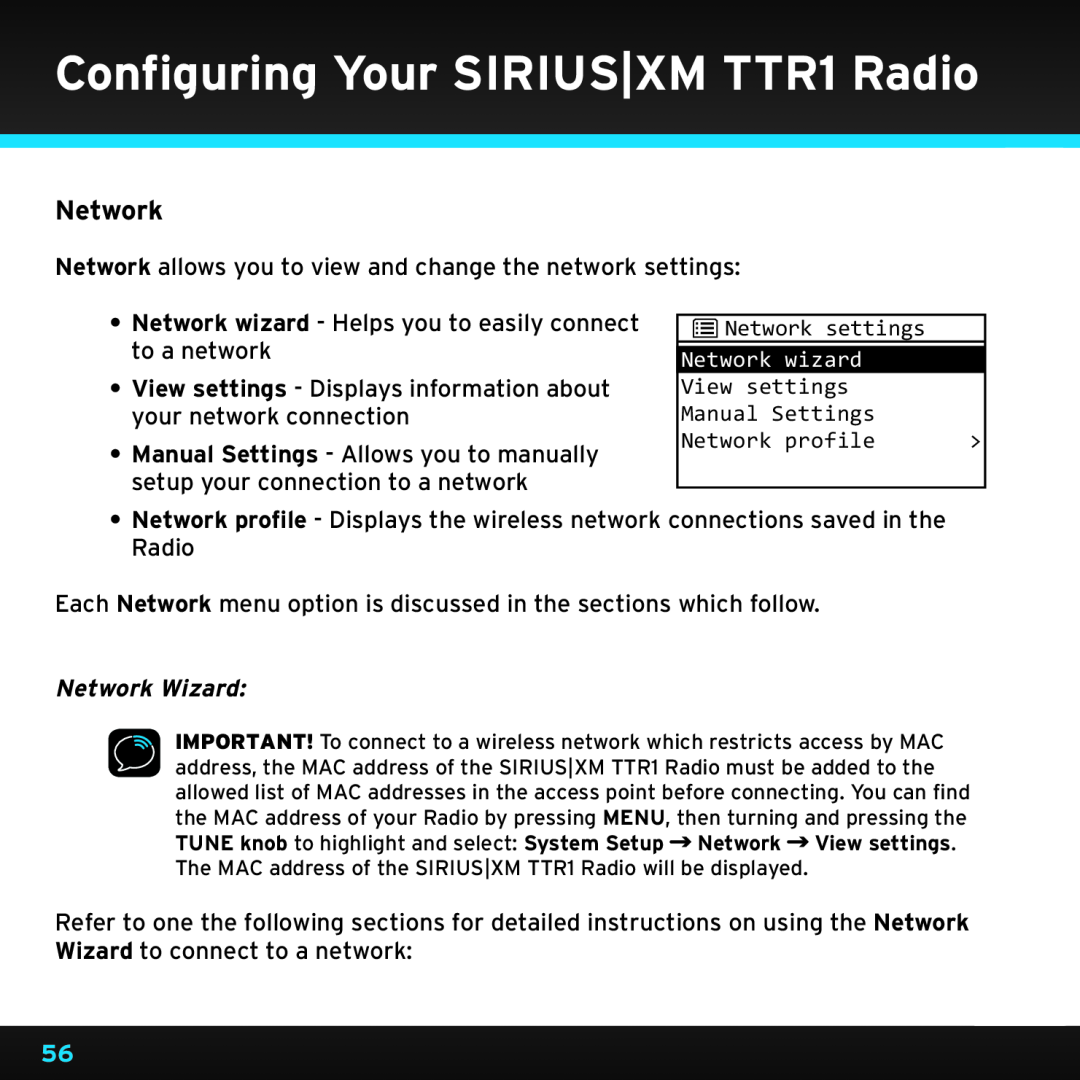 Sony manual Network Wizard, Configuring Your SIRIUS|XM TTR1 Radio 