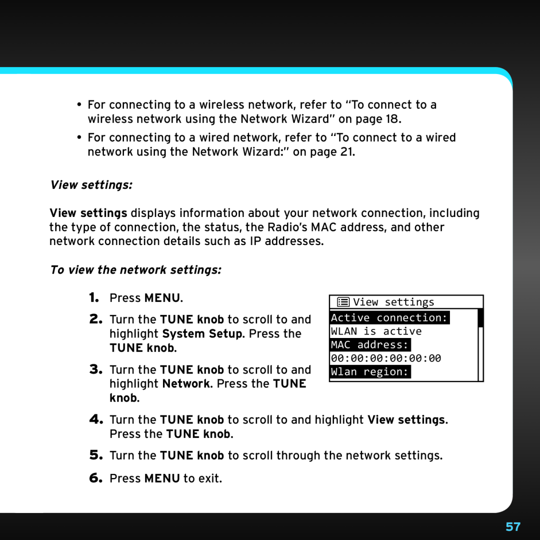Sony TTR1 manual View settings, To view the network settings 