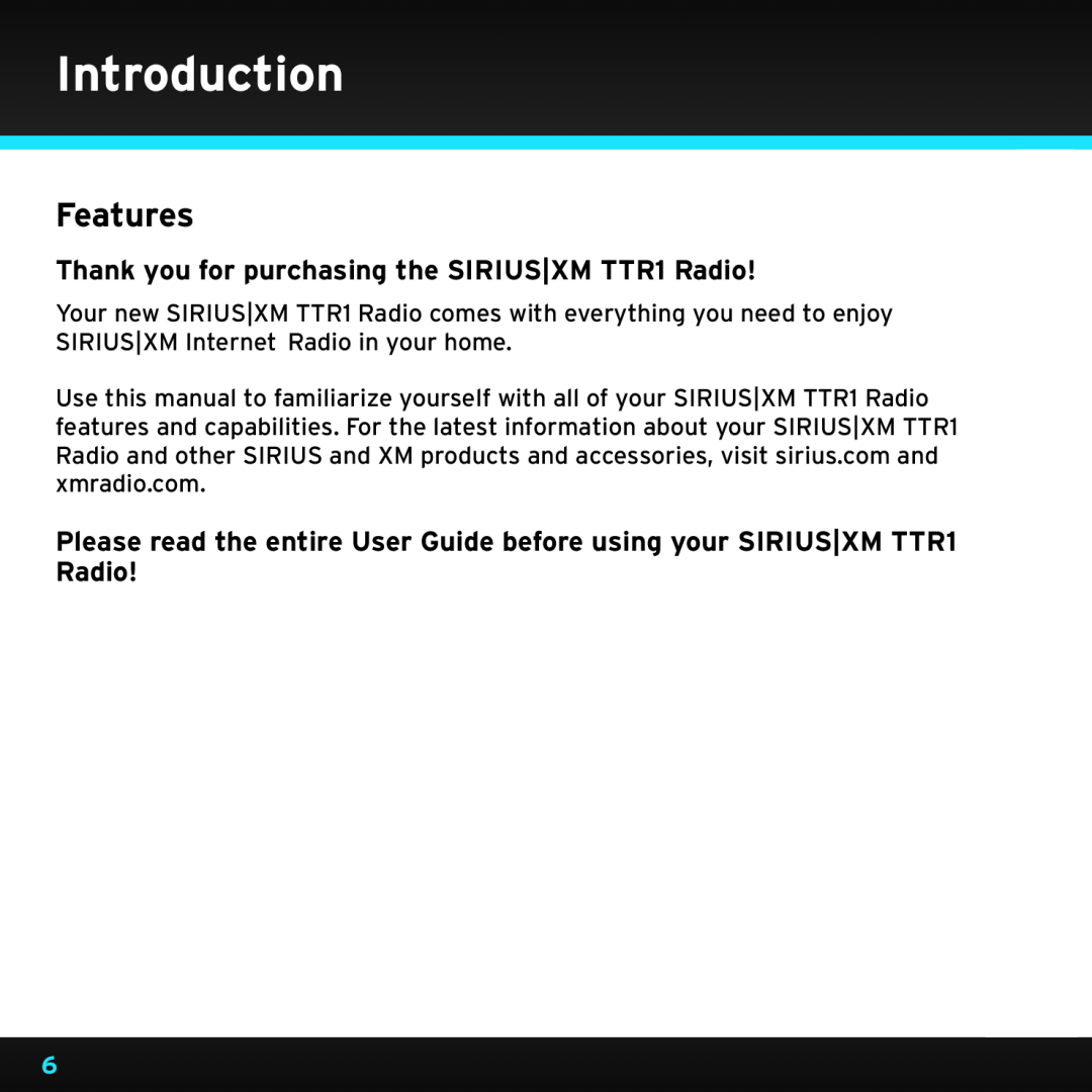 Sony manual Introduction, Features, Thank you for purchasing the SIRIUS|XM TTR1 Radio 