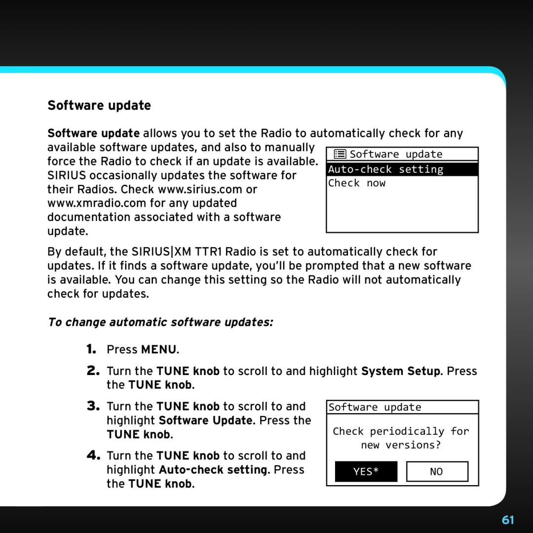 Sony TTR1 manual Software update, To change automatic software updates 