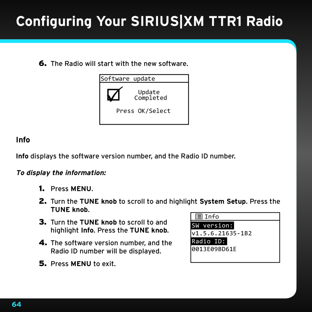 Sony manual Info, To display the information, Configuring Your SIRIUS|XM TTR1 Radio 