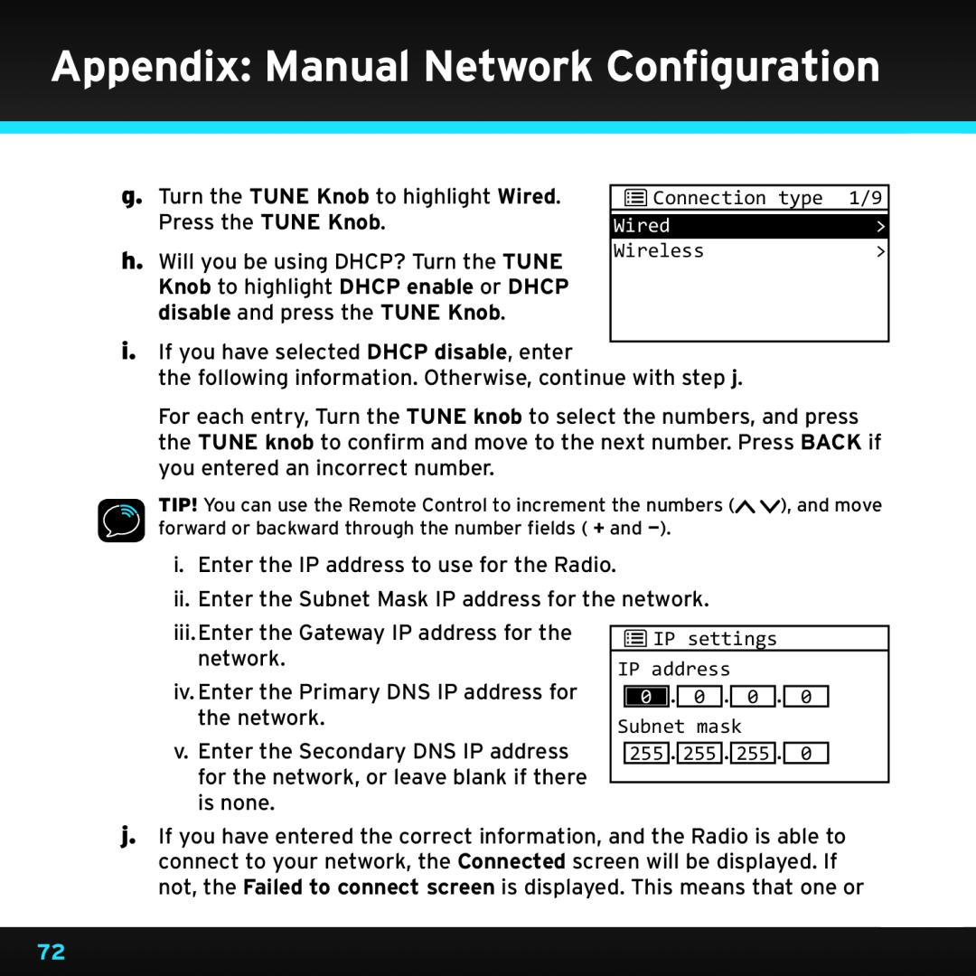 Sony TTR1 Knob to highlight DHCP enable or DHCP, disable and press the TUNE Knob, Appendix Manual Network Configuration 