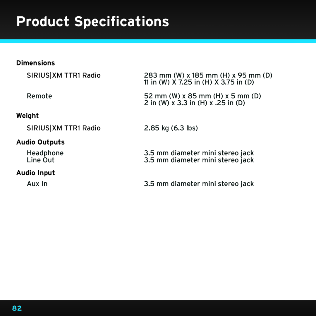 Sony TTR1 manual Product Specifications, Dimensions, Weight, Audio Outputs, Audio Input 