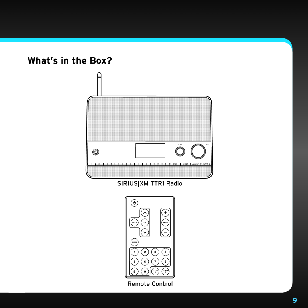 Sony manual What’s in the Box?, SIRIUS|XM TTR1 Radio, Remote Control, Back, Mute, Menu, Alarm 