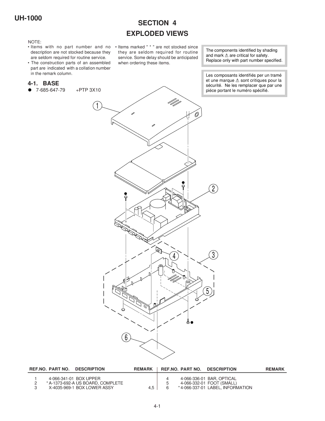 Sony UH-1000 service manual Section Exploded Views, REF.NO. Part no Description Remark 