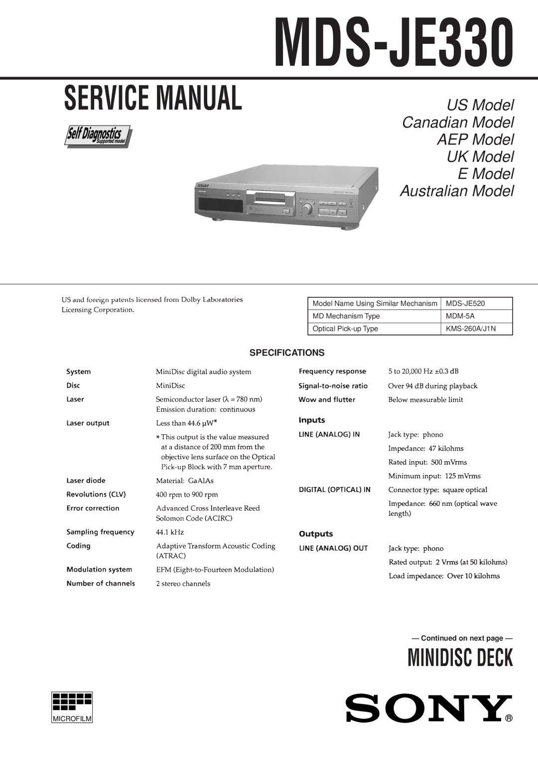 Sony Hong Kong model, Singapore model, 4-216-349-5 service manual MDS-JE330, Specifications 