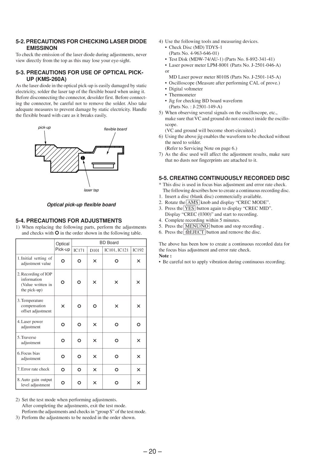 Sony Singapore model Precautions for Checking Laser Diode Emissinon, Precautions for USE of Optical PICK- UP KMS-260A 