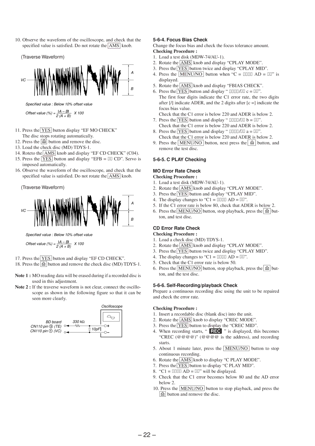 Sony 4-216-349-5 Focus Bias Check, Play Checking MO Error Rate Check, CD Error Rate Check, Self-Recording/playback Check 