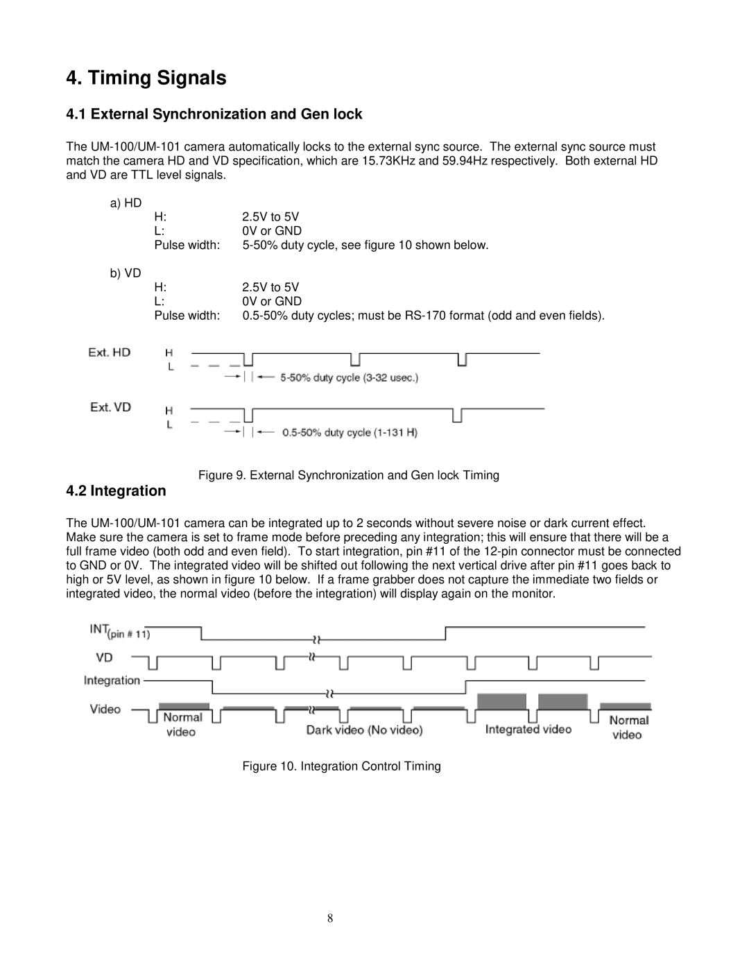 Sony UM-100, UM-101 user manual Timing Signals, External Synchronization and Gen lock, Integration 