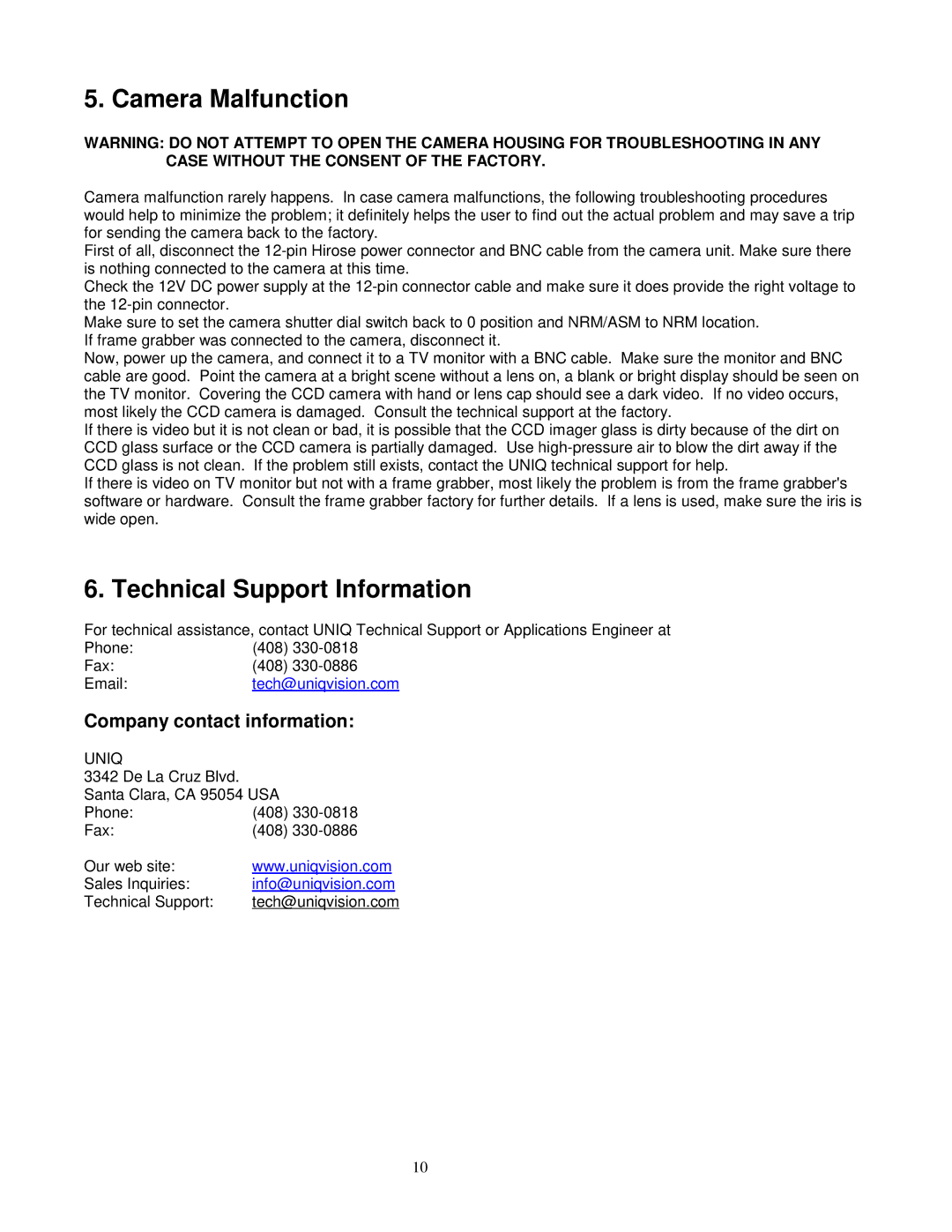 Sony UM-100, UM-101 user manual Camera Malfunction, Technical Support Information, Company contact information 