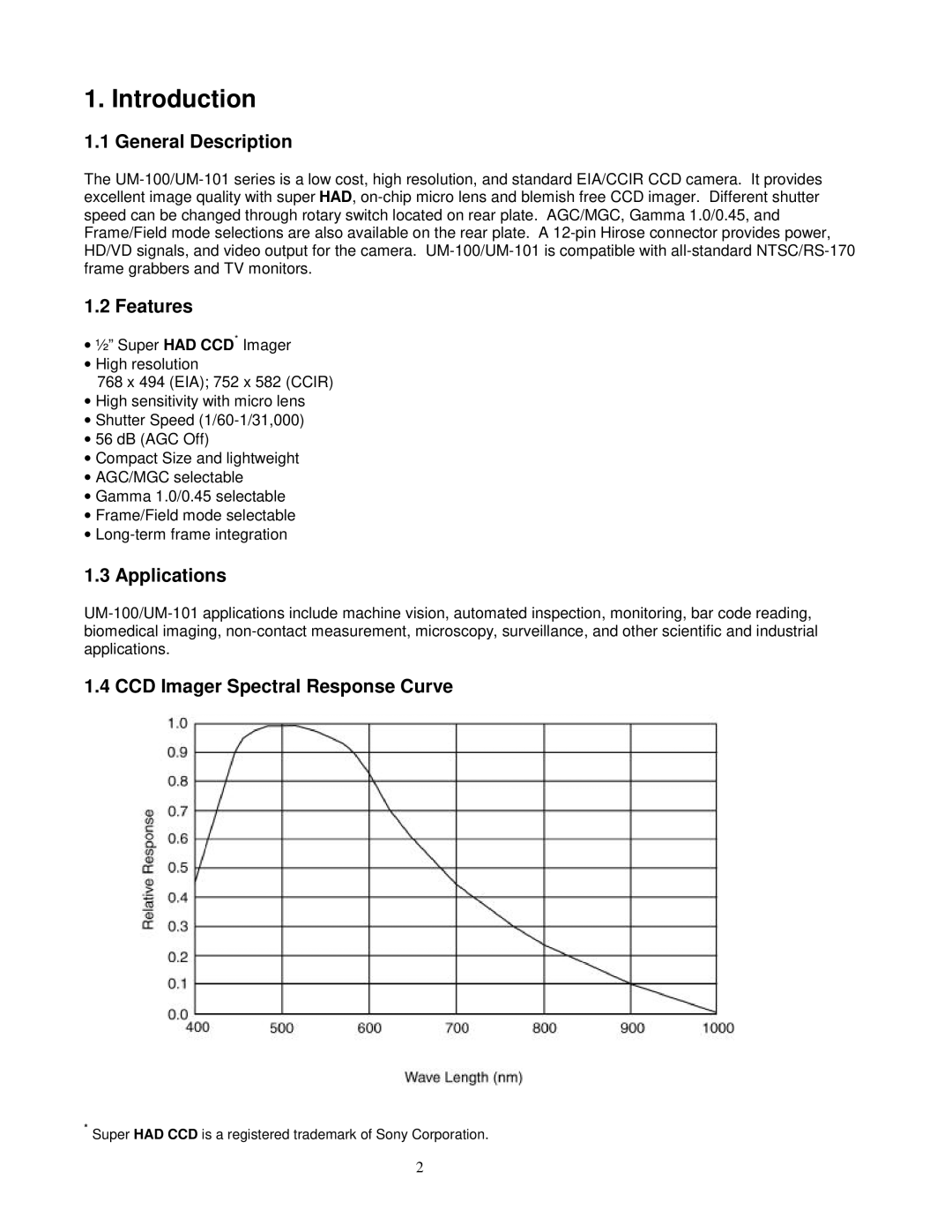 Sony UM-100, UM-101 Introduction, General Description, Features, Applications, CCD Imager Spectral Response Curve 