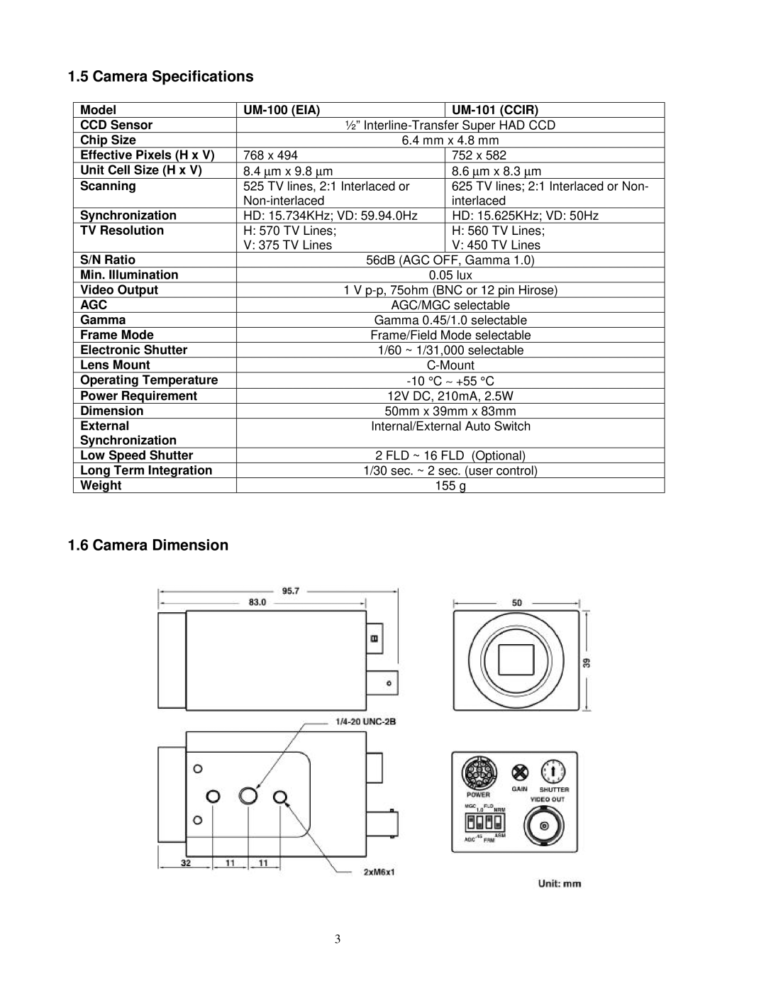 Sony UM-101, UM-100 user manual Camera Specifications, Camera Dimension 