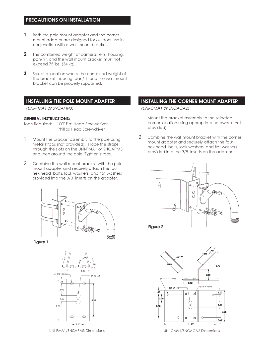 Sony UNI-CMA1, SNCAPM3 Precautions on Installation, Installing the Pole Mount Adapter, Installing the Corner Mount Adapter 