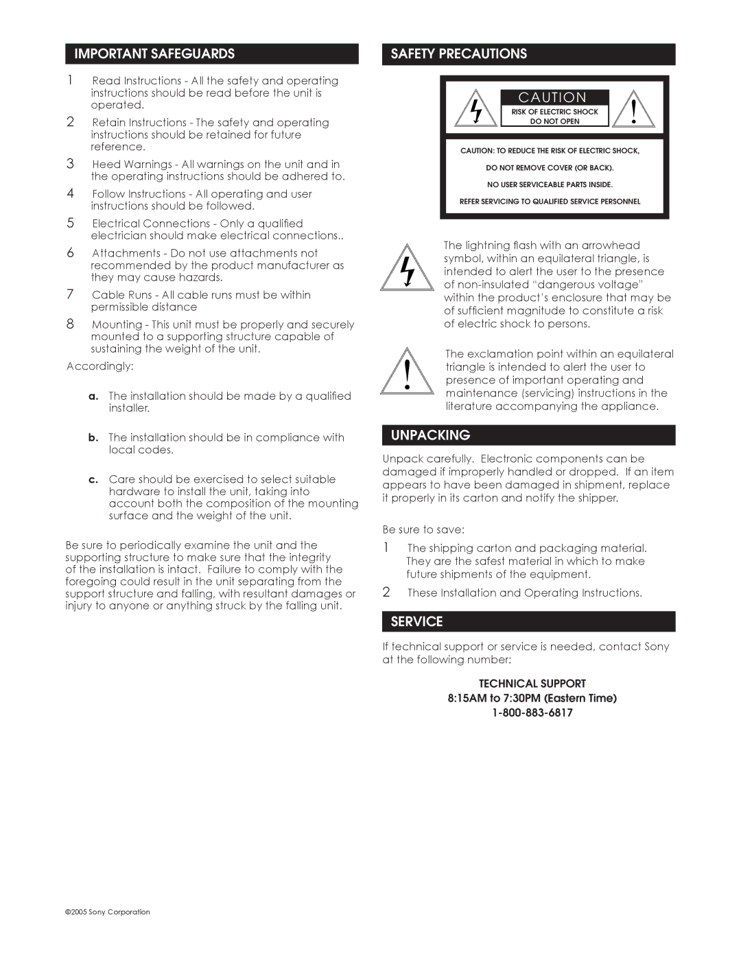 Sony SNCACA2, UNI-PMA1, SNCAPM3, UNI-CMA1, UNIPMA1 Important Safeguards, Safety Precautions, Unpacking, Service 