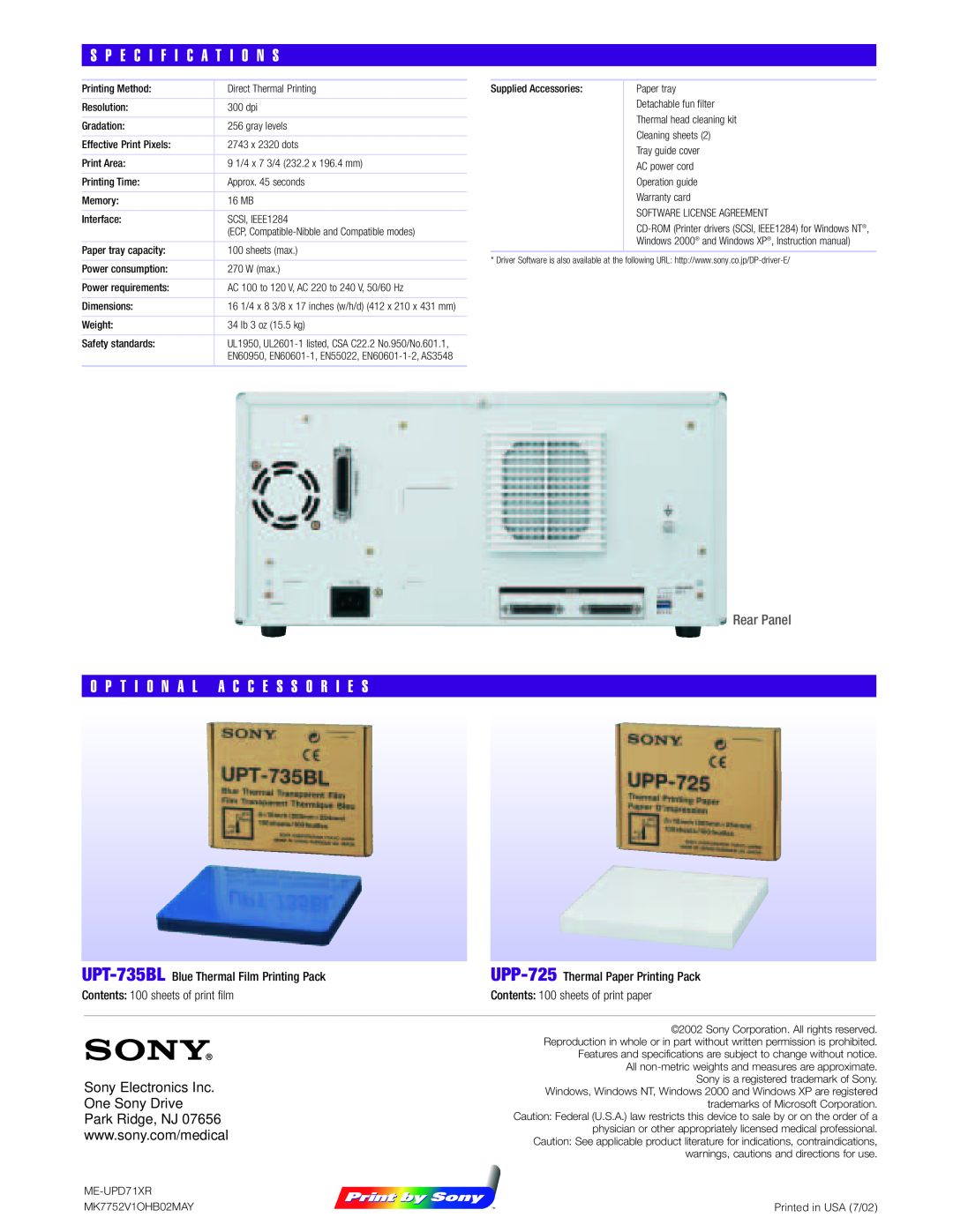Sony UP-D71XR manual S P E C I F I C A T I O N S, O P T I O N A L A C C E S S O R I E S, Rear Panel 