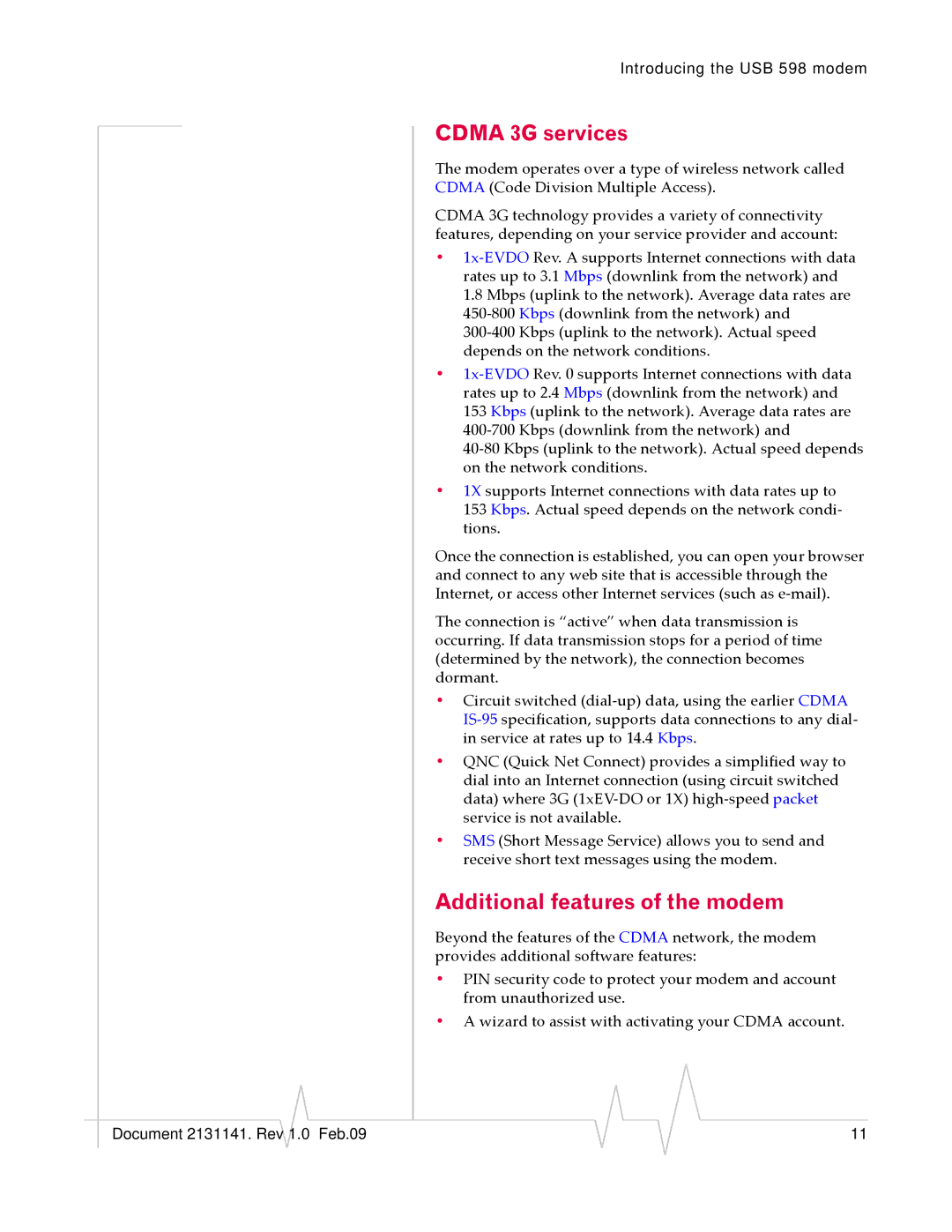 Sony USB 598 manual Cdma 3G services, Additional features of the modem 