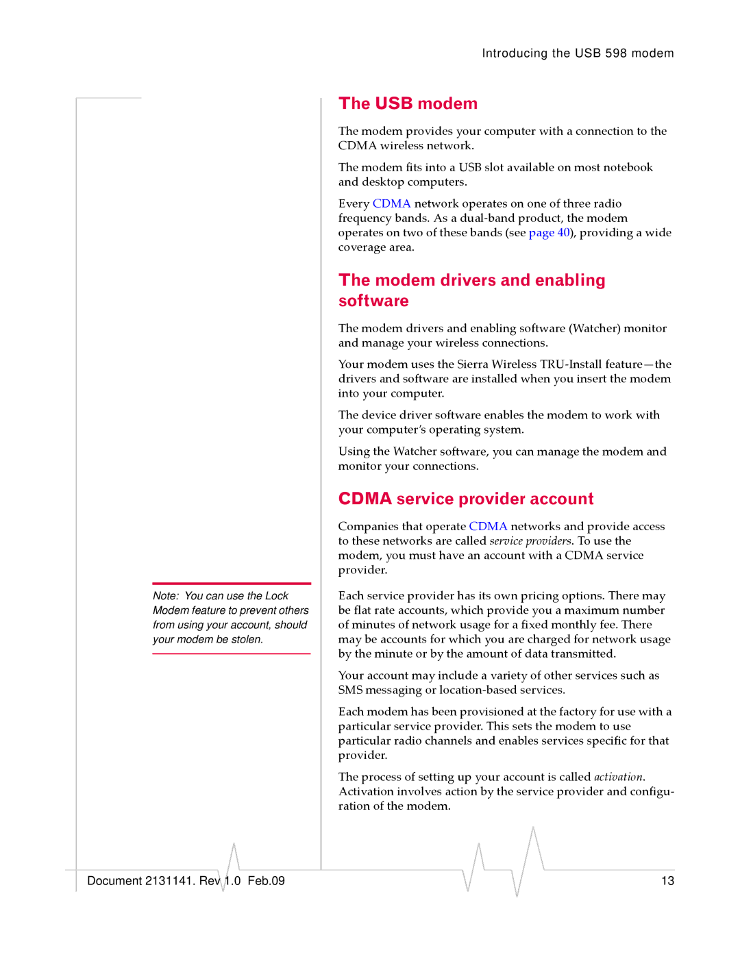 Sony USB 598 manual USB modem, Modem drivers and enabling software, Cdma service provider account 