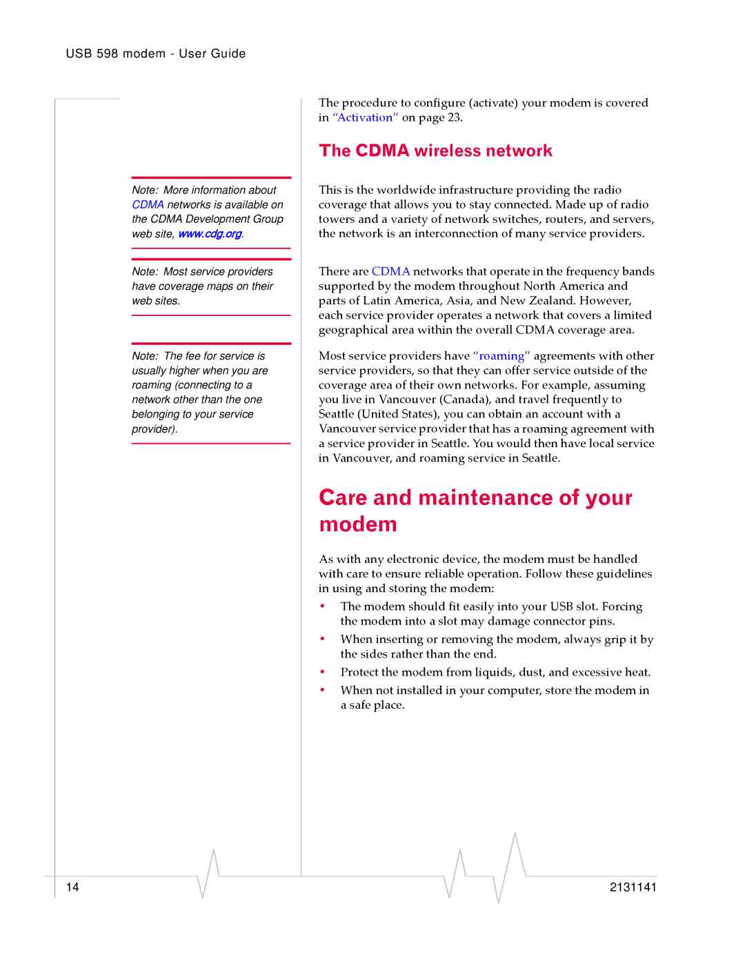 Sony USB 598 manual Care and maintenance of your modem, Cdma wireless network 