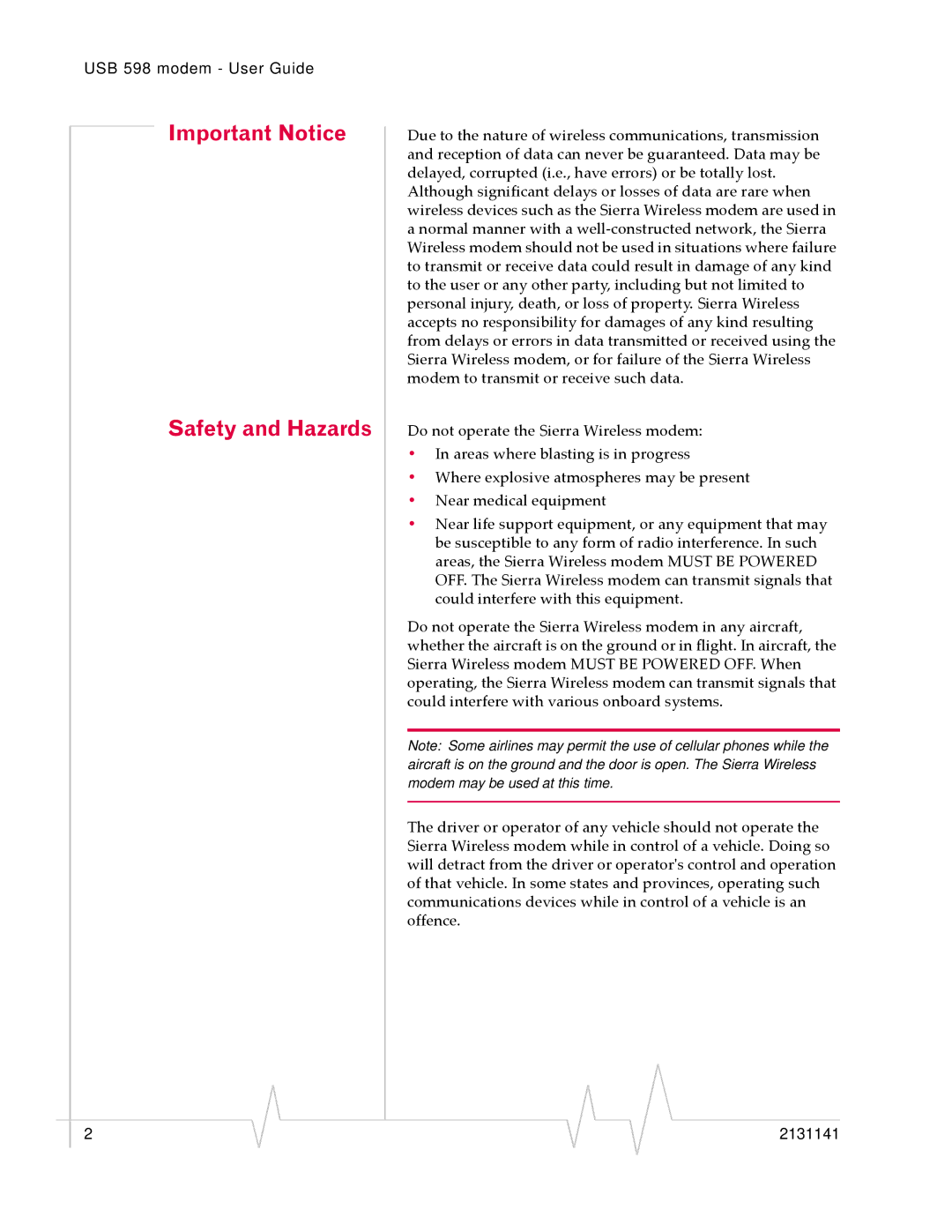 Sony USB 598 manual Important Notice Safety and Hazards 