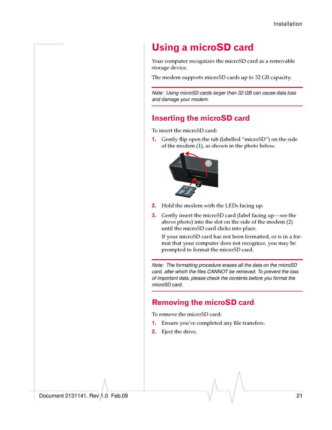 Sony USB 598 manual Using a microSD card, Inserting the microSD card, Removing the microSD card 