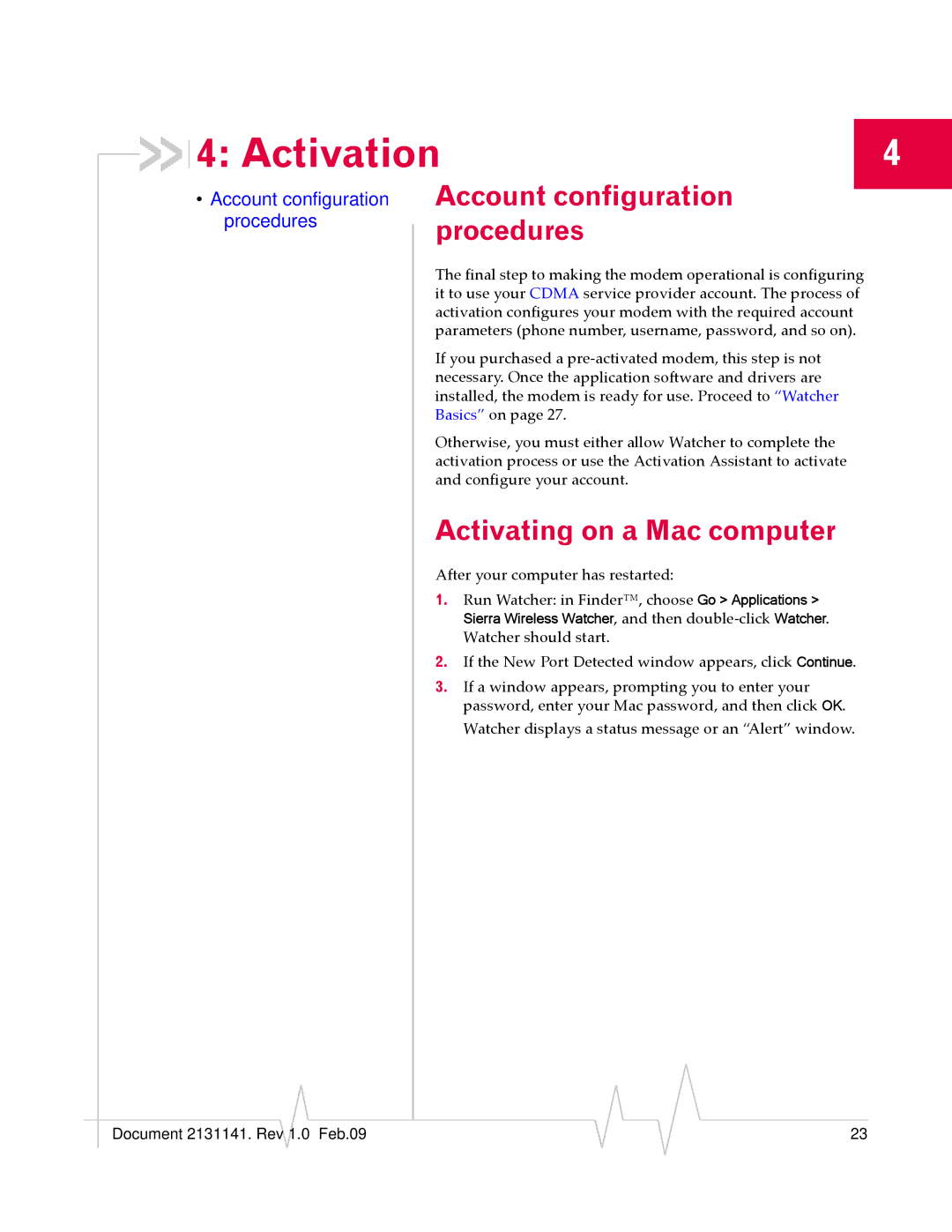 Sony USB 598 manual Activation, Account configuration procedures, Activating on a Mac computer 