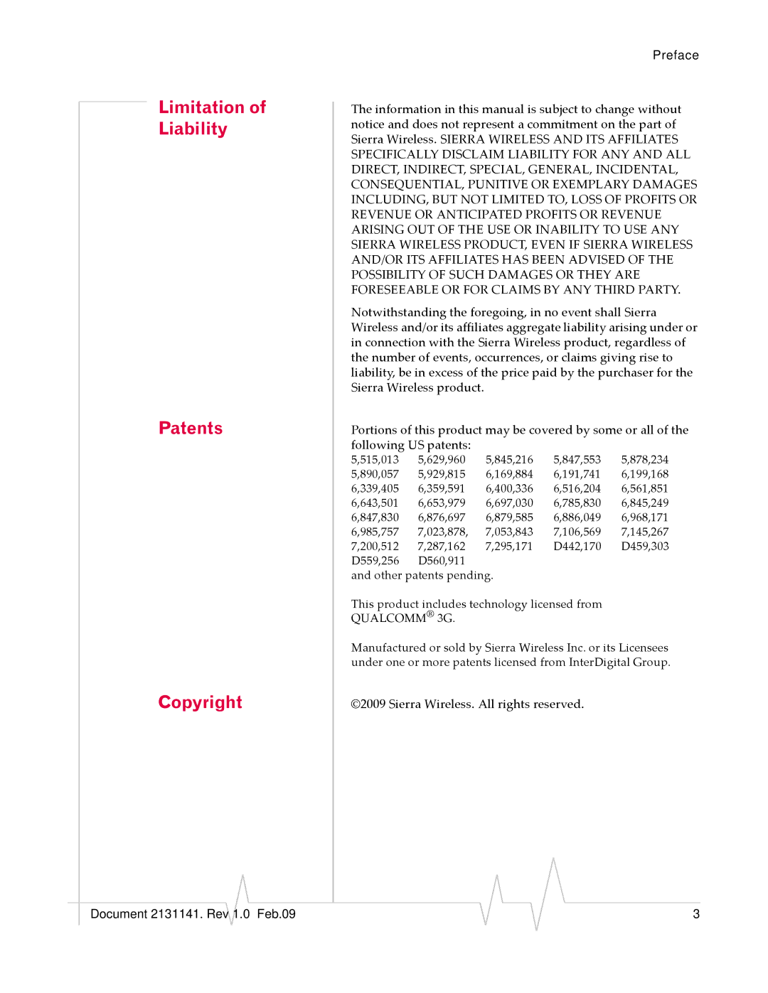 Sony USB 598 manual Limitation of Liability Patents Copyright, Qualcomm 3G 